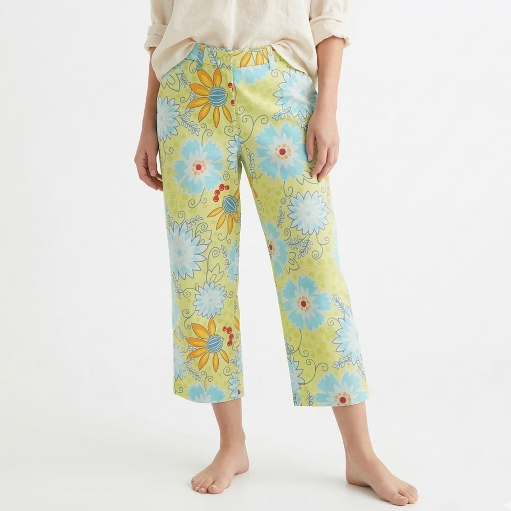 Patchington Green Blue Floral Cropped Pants Retro Boho 12